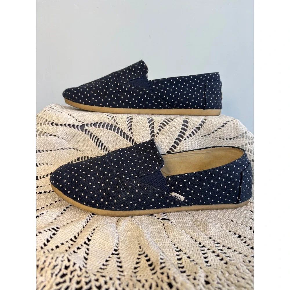 TOMS Navy Blue Polka Dot Canvas Alpargata Slip On Shoes W 8.5 Flat Espadrille